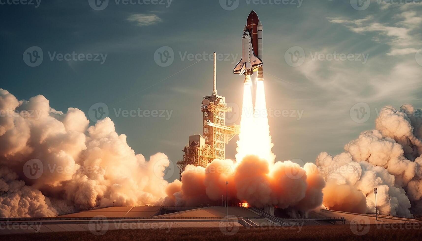 futuristisch Raumschiff Raketen durch Galaxis, angetrieben durch fortgeschritten Technologie generiert durch ai foto