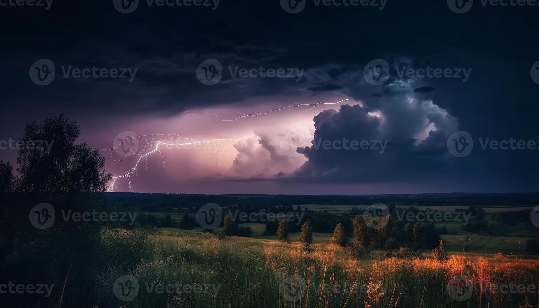 das dunkel, gespenstisch Nacht Himmel beleuchtet durch hell Blitz Streiks generiert durch ai foto