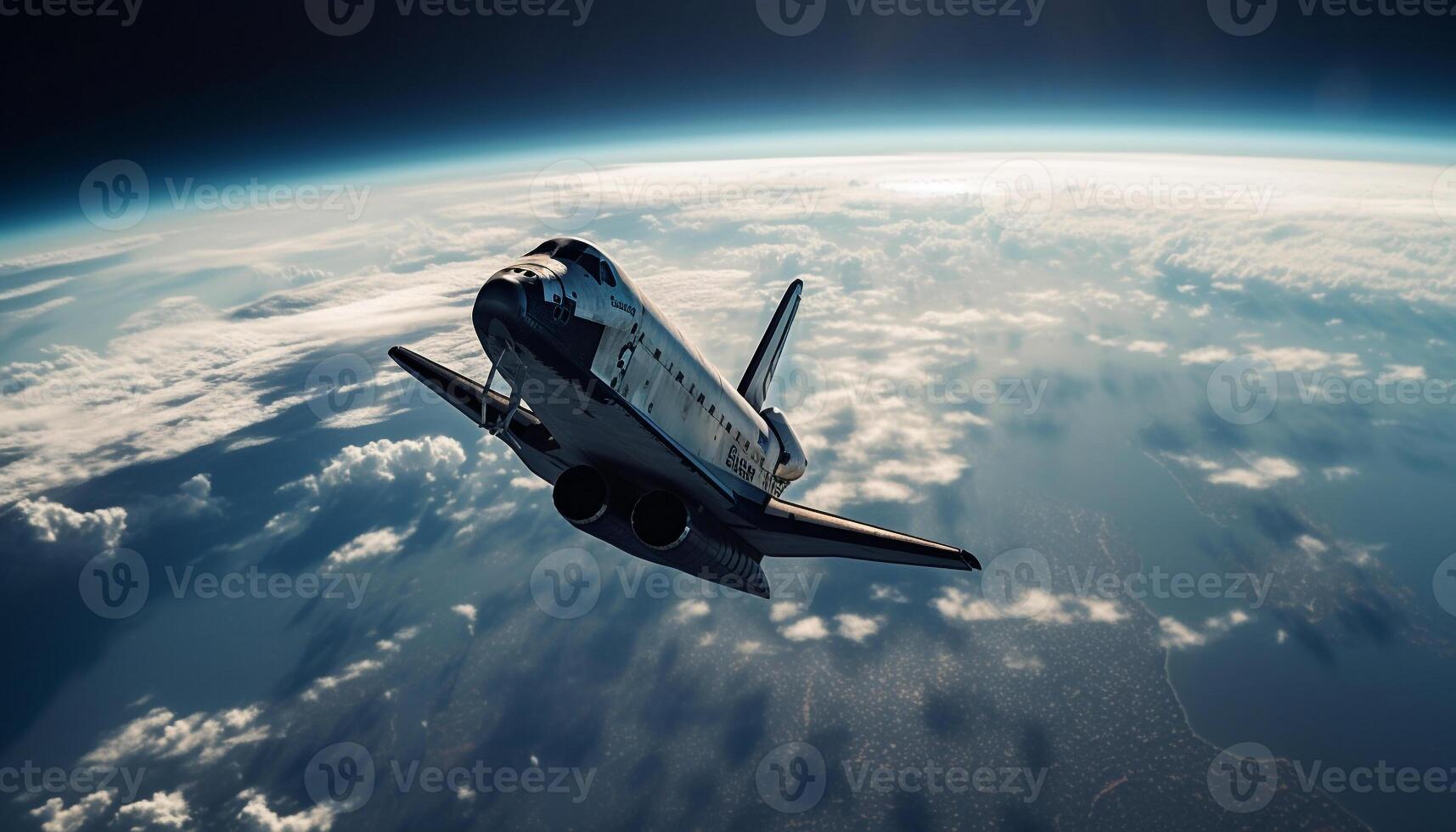 nehmen aus im ein kommerziell Flugzeug, fliegend hoch über das Wolken generiert durch ai foto