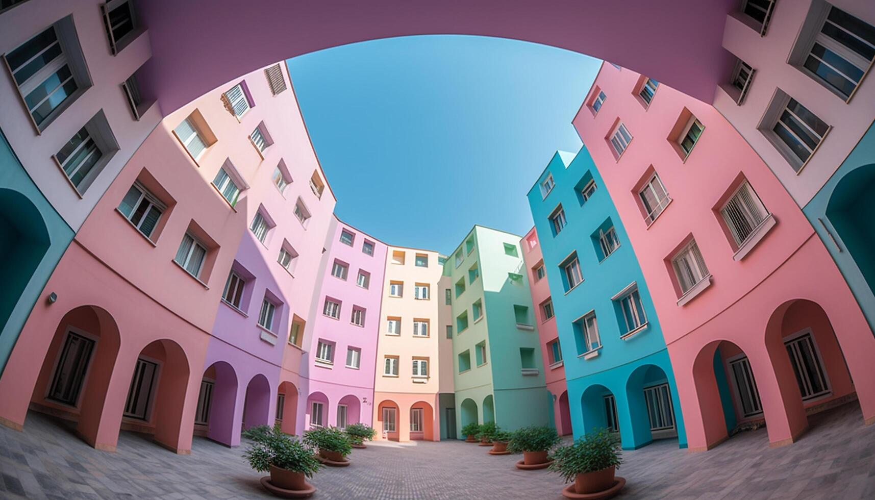 das modern Wolkenkratzer beschwingt Rosa und Blau Fassade leuchtet das Stadt generiert durch ai foto