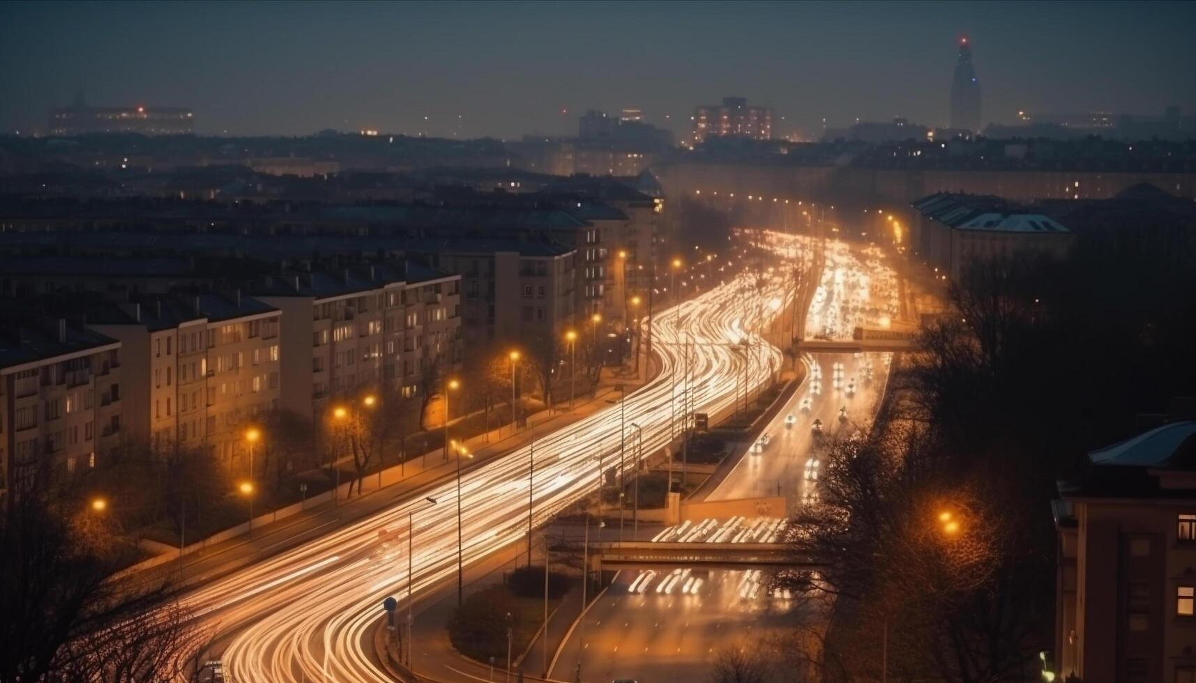 Peking eilen Stunde Autos Geschwindigkeit durch beleuchtet Stadt Straßen beim Dämmerung generiert durch ai foto