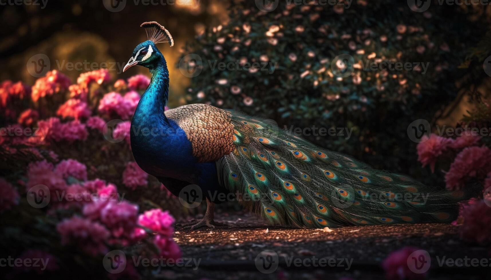 das majestätisch Pfau beschwingt Gefieder Vitrine Natur natürlich Schönheit generiert durch ai foto