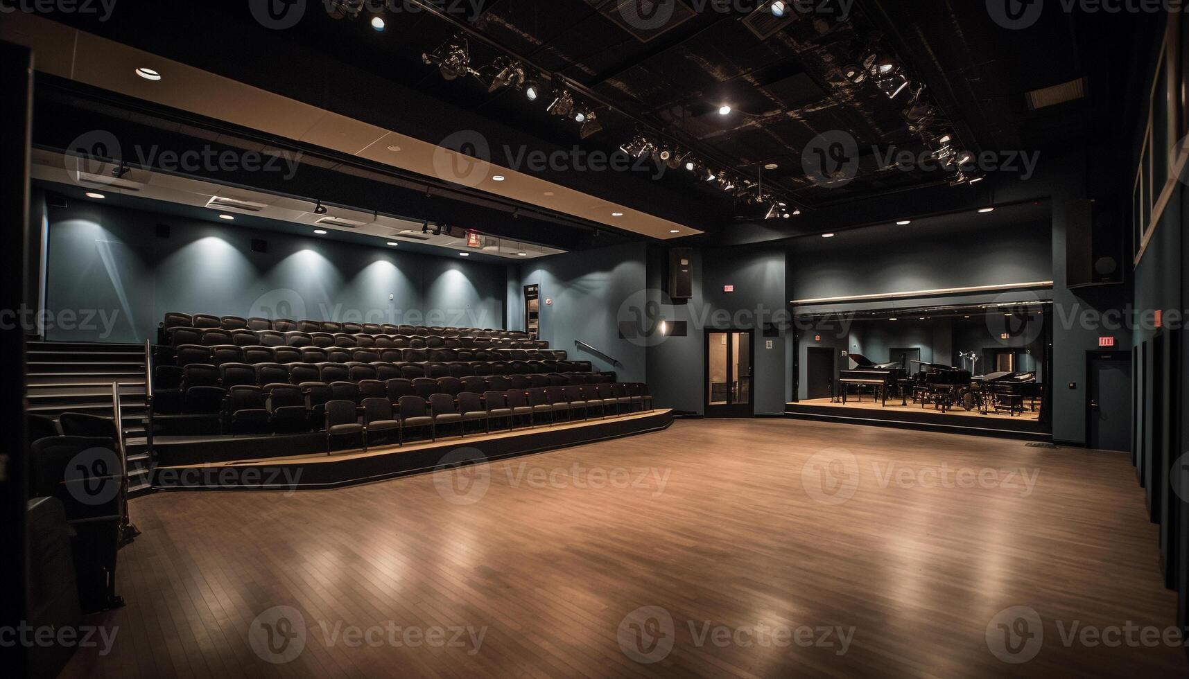 leeren modern Auditorium beleuchtet durch Blau Beleuchtung Ausrüstung beim Nacht generiert durch ai foto