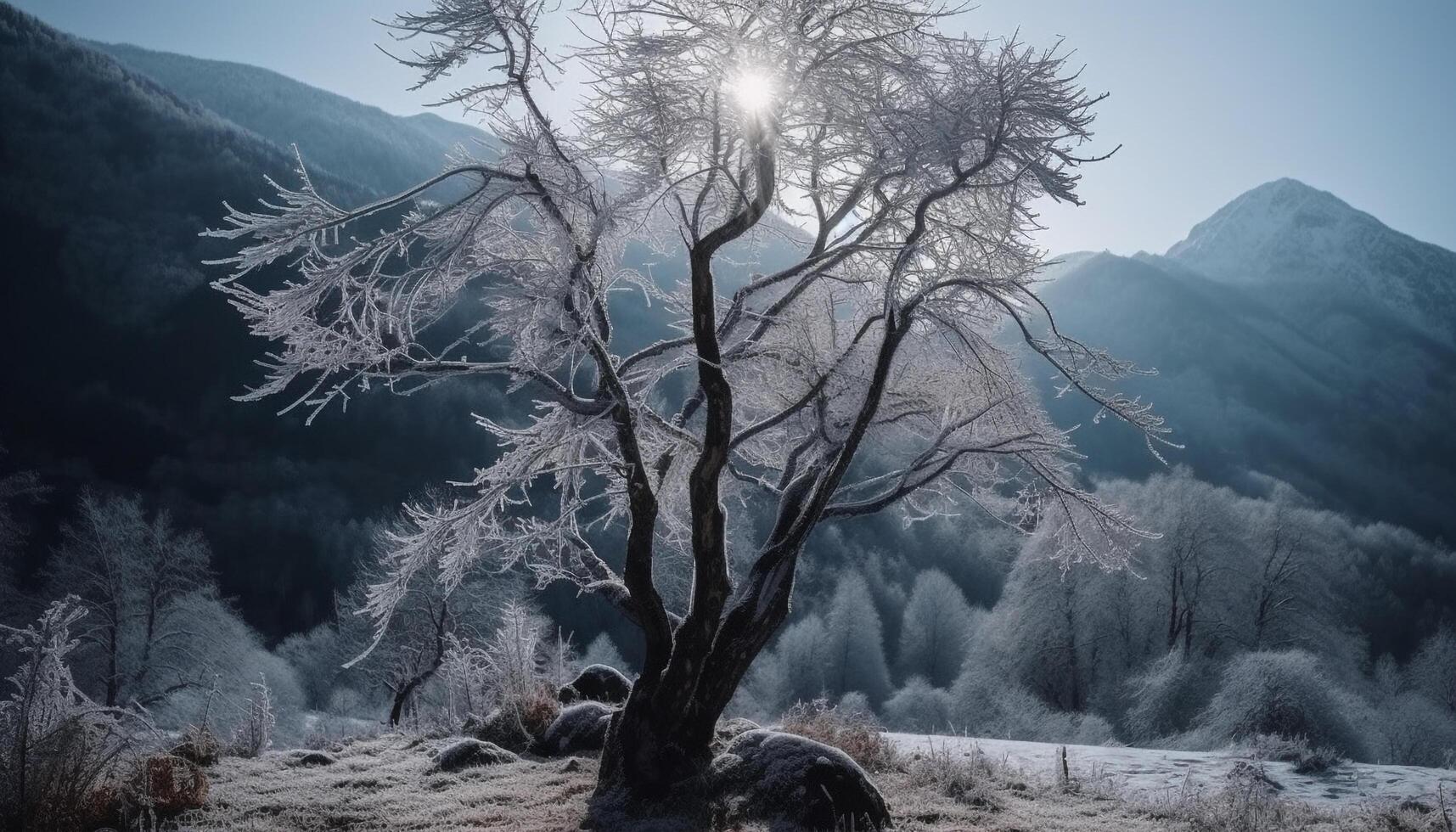 Einsamkeit im extrem Terrain, zurück zündete durch Sonnenaufgang Schönheit generiert durch ai foto