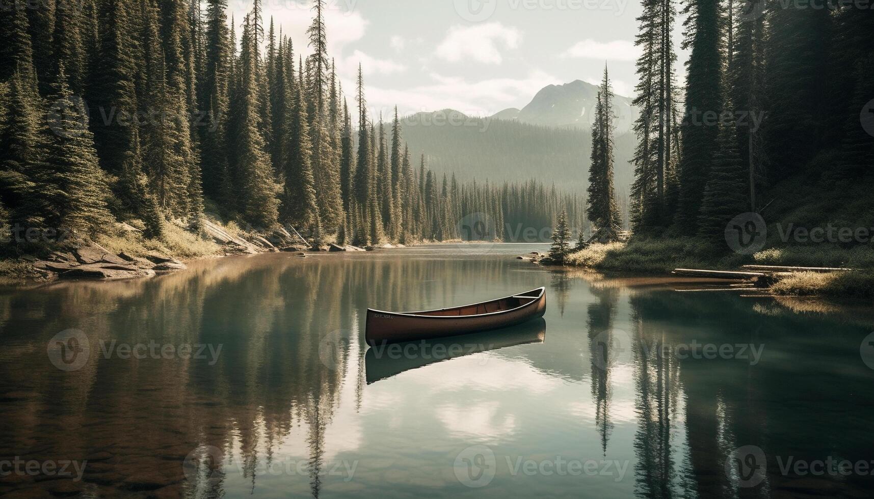 Kajak fahren im still Gewässer, umgeben durch Natur Schönheit im alberta generiert durch ai foto