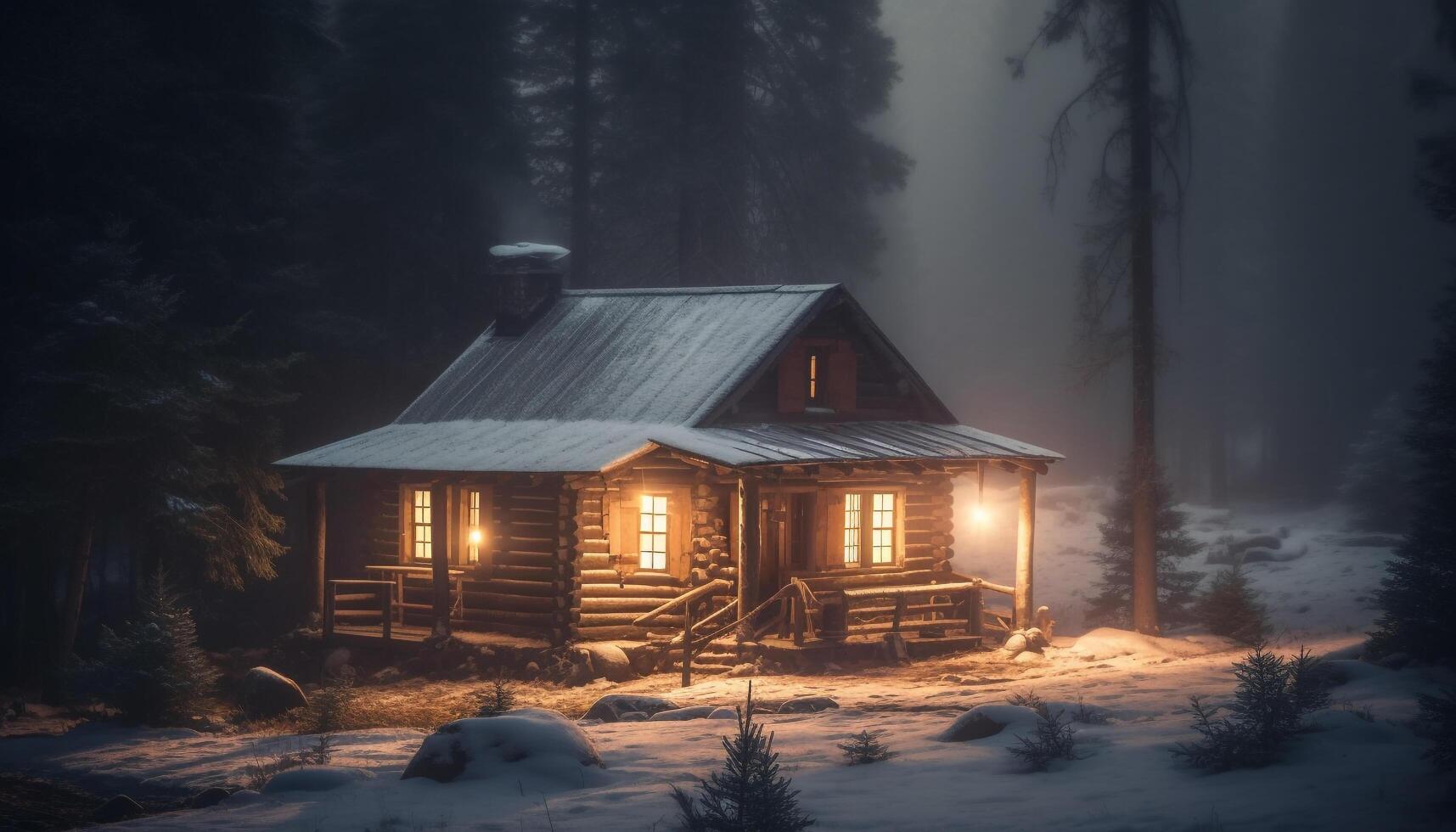 im das dunkel Winter Nacht, das gespenstisch alt Hütte leuchtet generiert durch ai foto