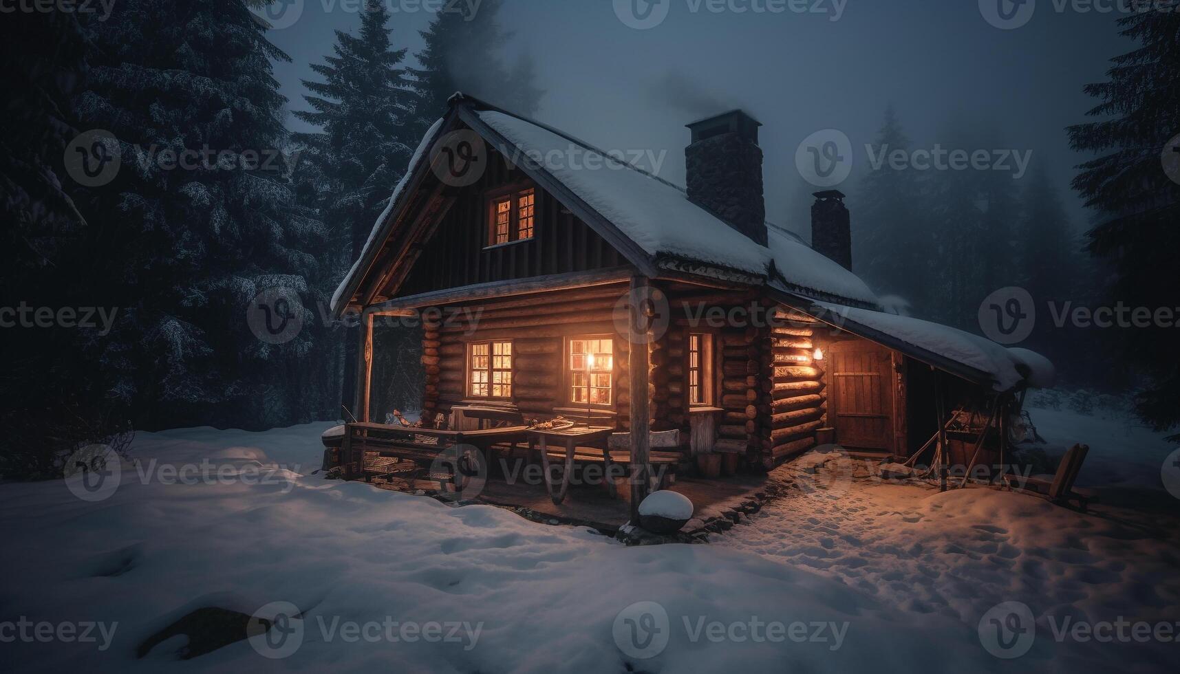 beleuchtet Log Kabine im schneebedeckt Wald schafft gespenstisch Winter Landschaft generiert durch ai foto