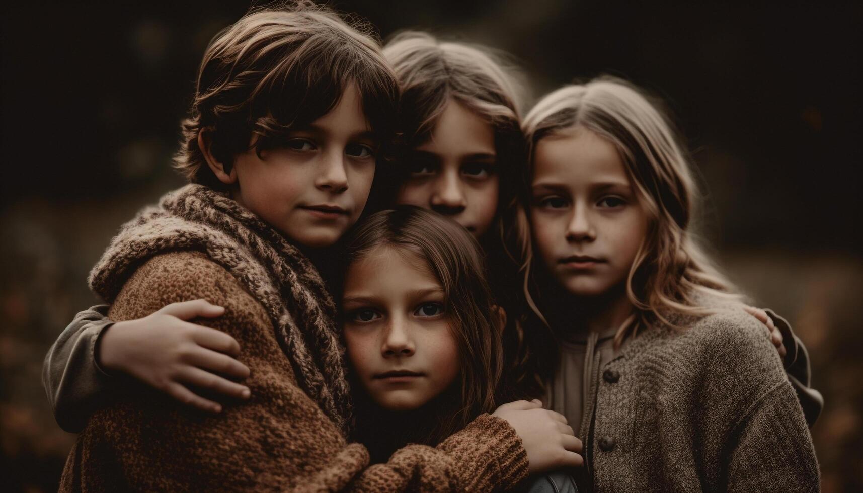 ein Gruppe von heiter Kinder Umarmen Natur und Zusammengehörigkeit generiert durch ai foto