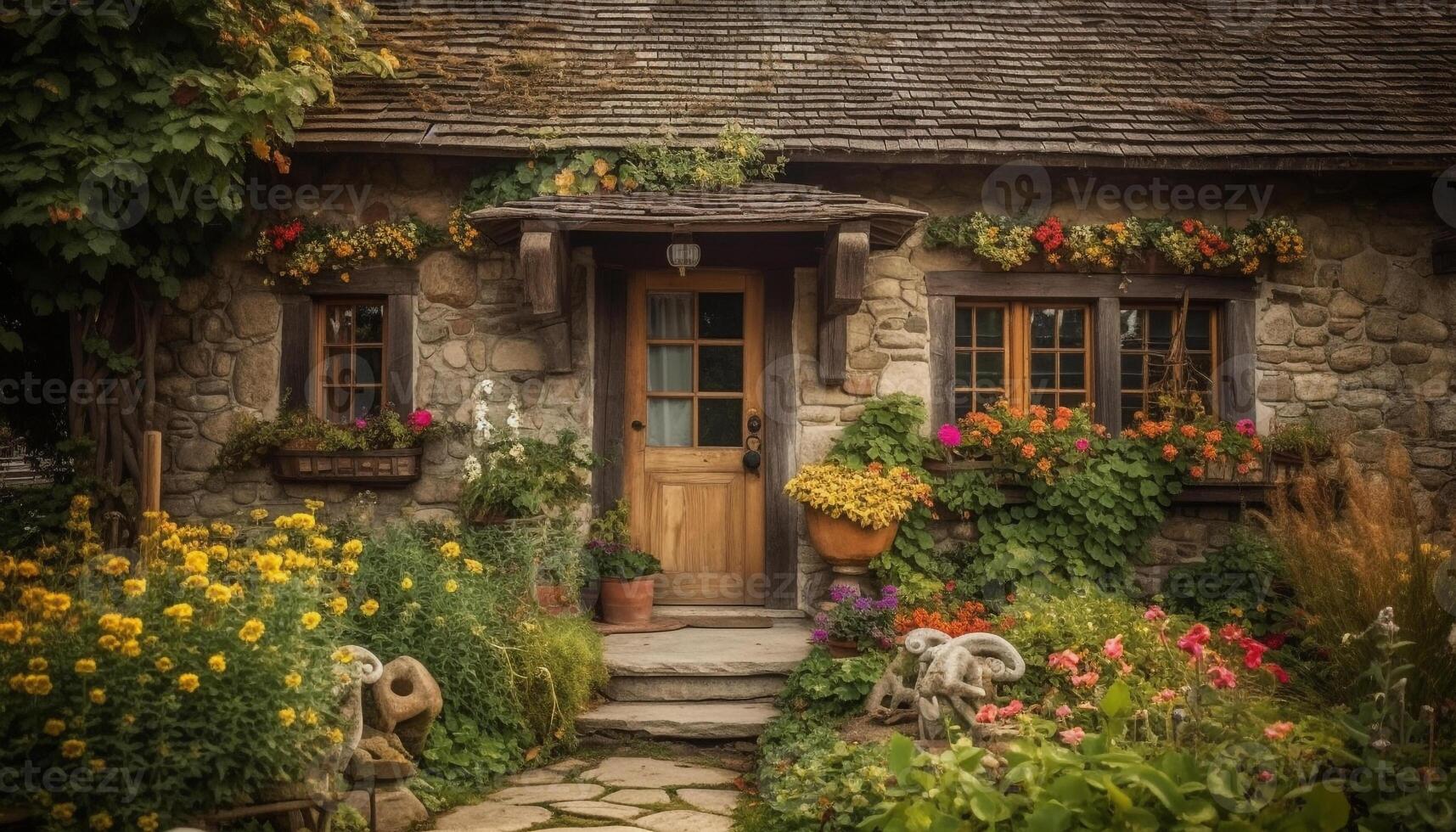 das rustikal Hütte mit multi farbig Blume Töpfe strahlt aus idyllisch Charme generiert durch ai foto