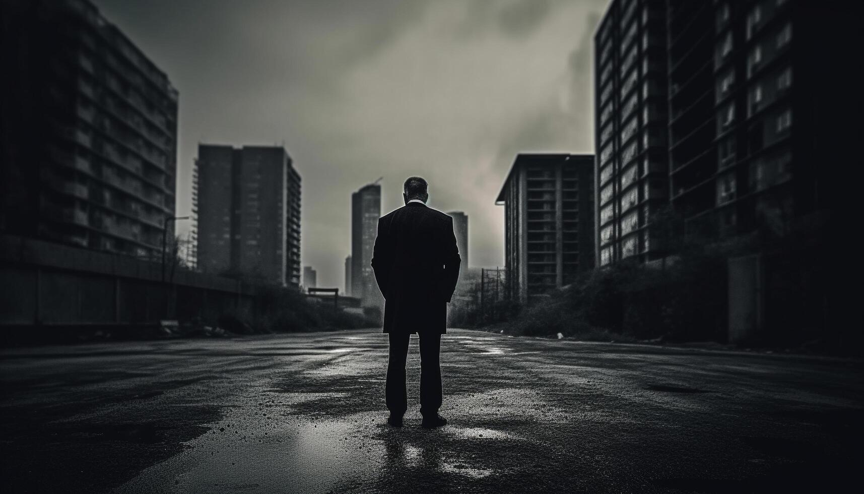 einsam Geschäftsmann Stehen im das Regen, Blick beim Stadtbild generiert durch ai foto