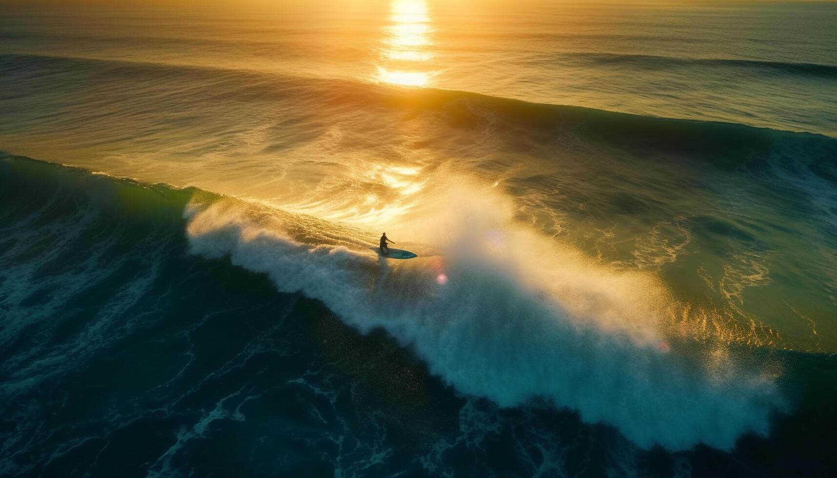 ein einsam Surfer Fahrten das Wellen beim Sonnenuntergang, rein Schönheit generiert durch ai foto