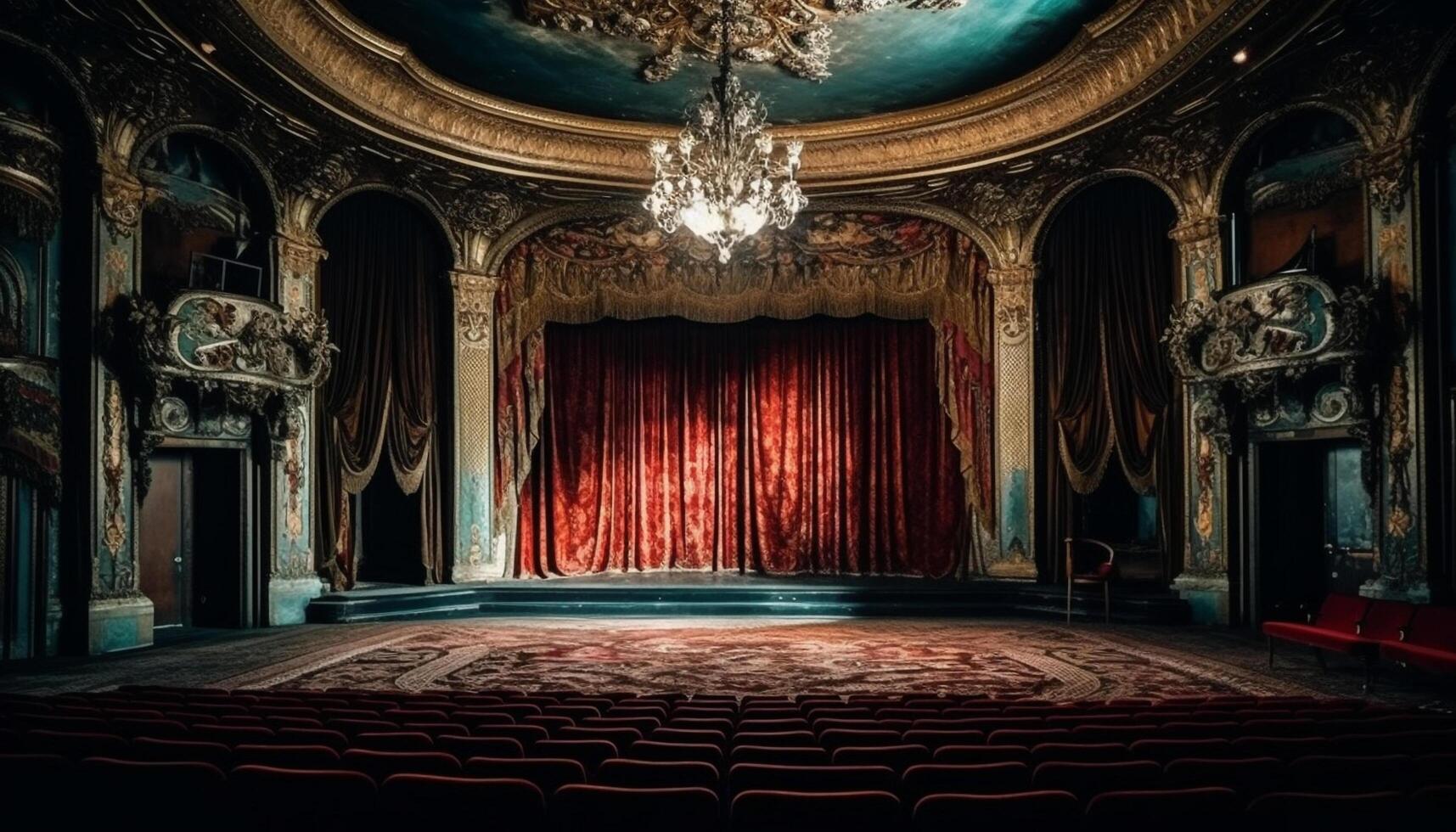 das beleuchtet Bühne Theater strahlt aus Eleganz mit Samt Vorhänge generiert durch ai foto