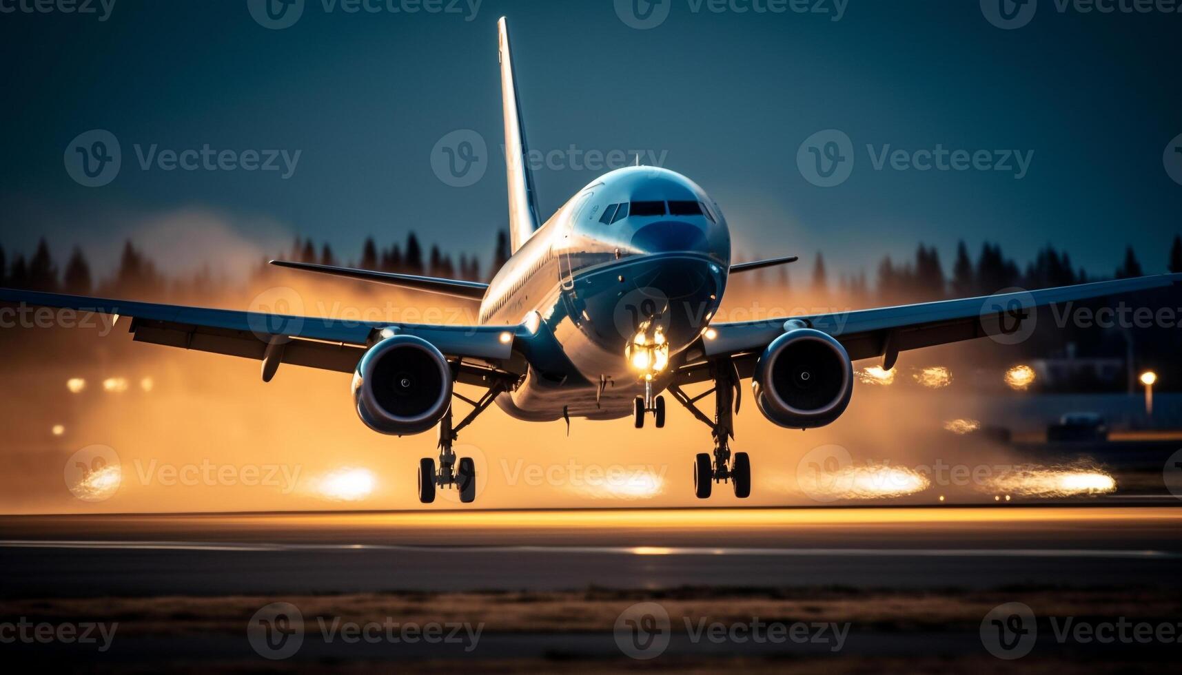 nehmen aus beim Dämmerung, das kommerziell Flugzeug Geschwindigkeiten gegenüber Ferien Ziele generiert durch ai foto