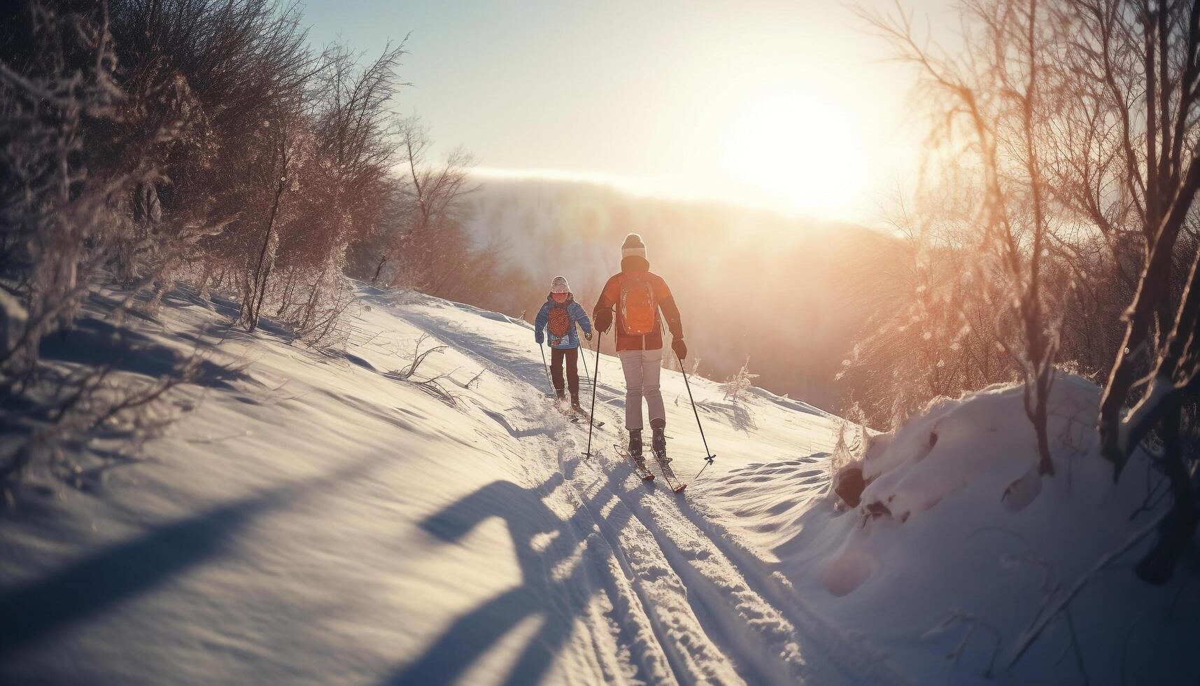 zwei Erwachsene Wandern im das schneebedeckt Wald, genießen Winter Abenteuer generiert durch ai foto