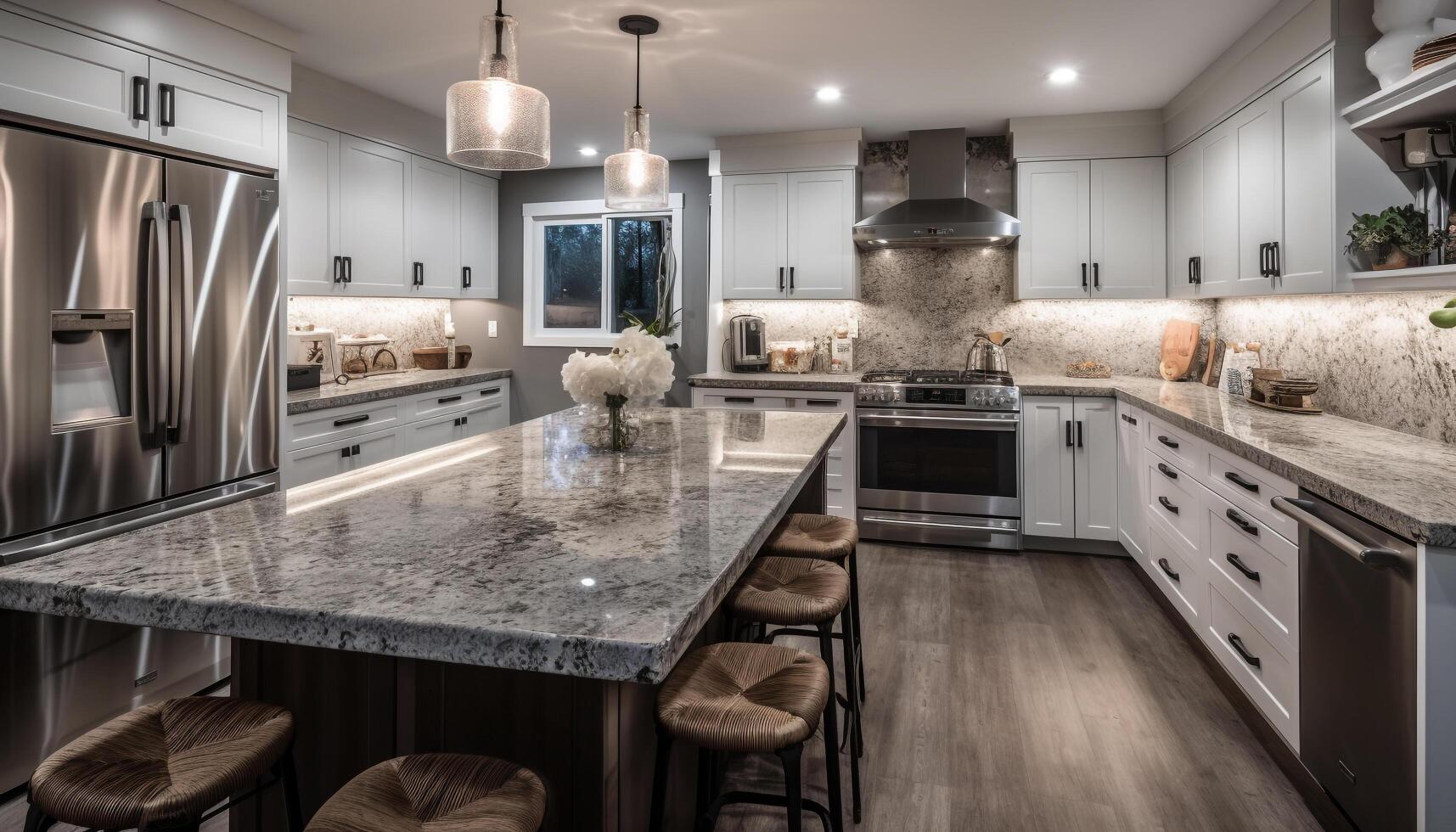 elegant modern Küche mit Marmor Insel, rostfrei Stahl Haushaltsgeräte, und Beleuchtung generiert durch ai foto