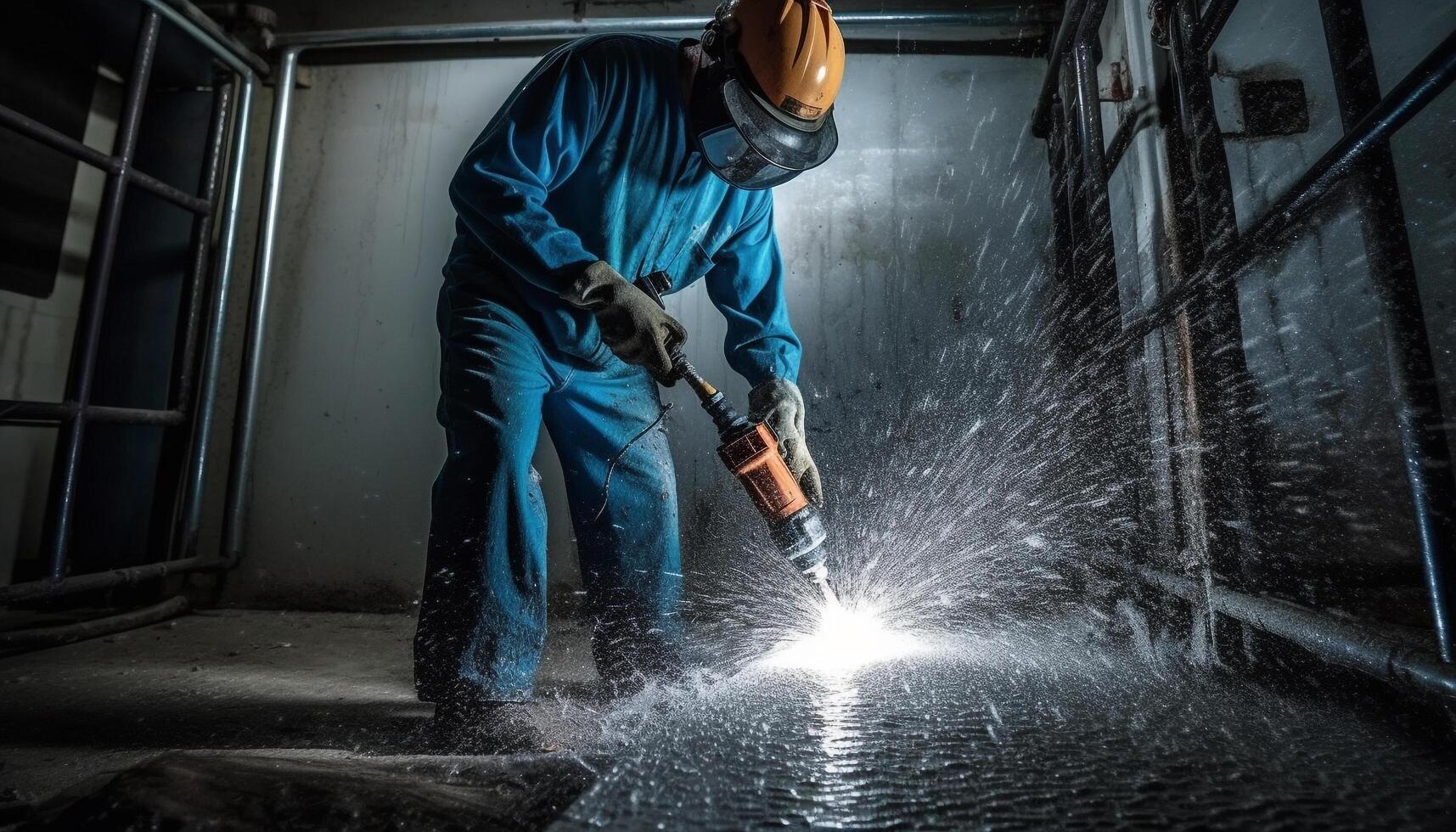 einer erfahren Metall Arbeiter Schweißen mit schützend Ausrüstung drinnen generiert durch ai foto