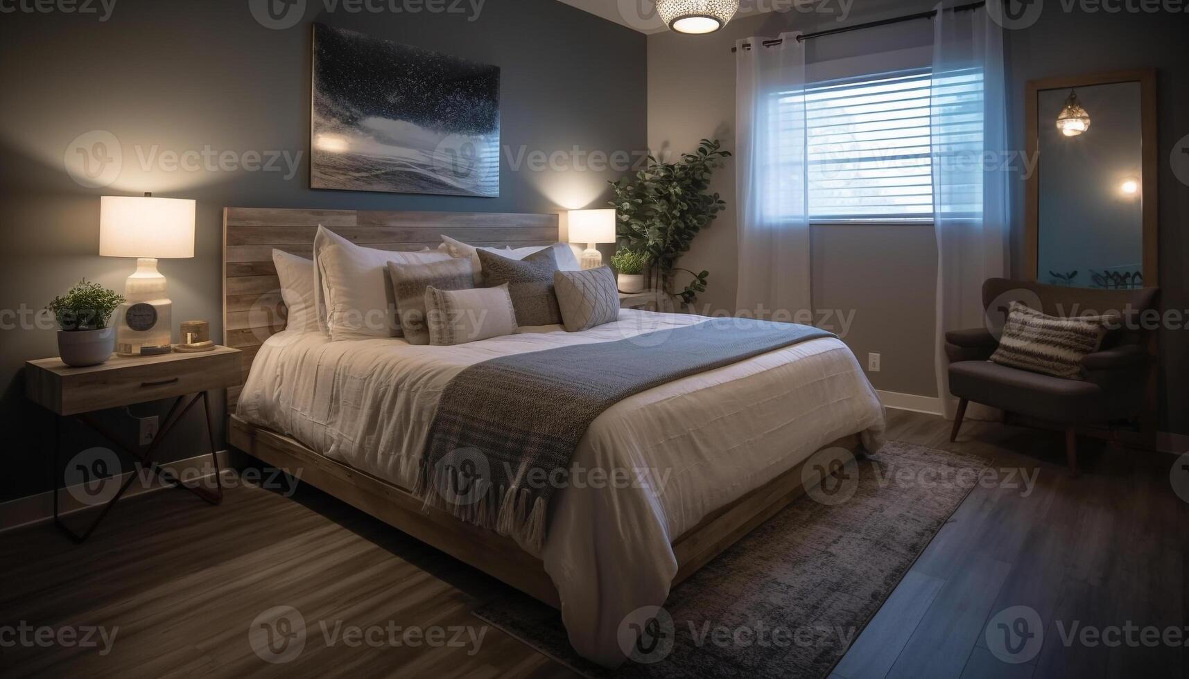 modern Luxus Hotel Suite mit komfortabel doppelt Bett und elegant Dekor generiert durch ai foto
