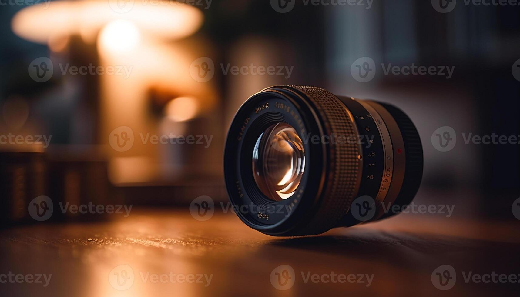 Fachmann Fotograf erfasst Antiquität Kamera auf glänzend Glas Tabelle drinnen generiert durch ai foto