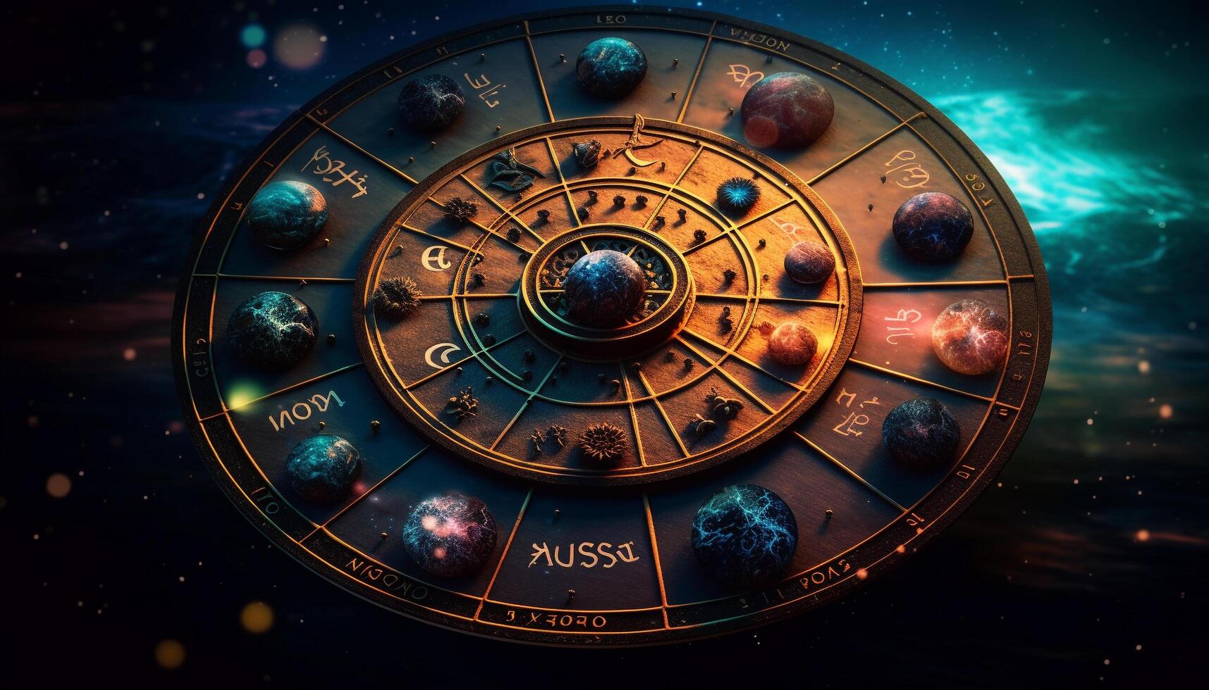 Vermögen erzählen mit Astrologie Zeichen, Planet, und glühend Star Hintergrund generiert durch ai foto