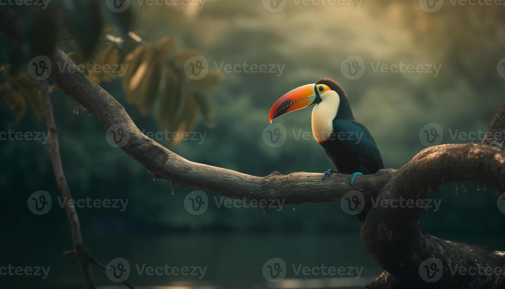 Tukan sich niederlassen auf Ast im beschwingt tropisch Regenwald Umgebung generiert durch ai foto
