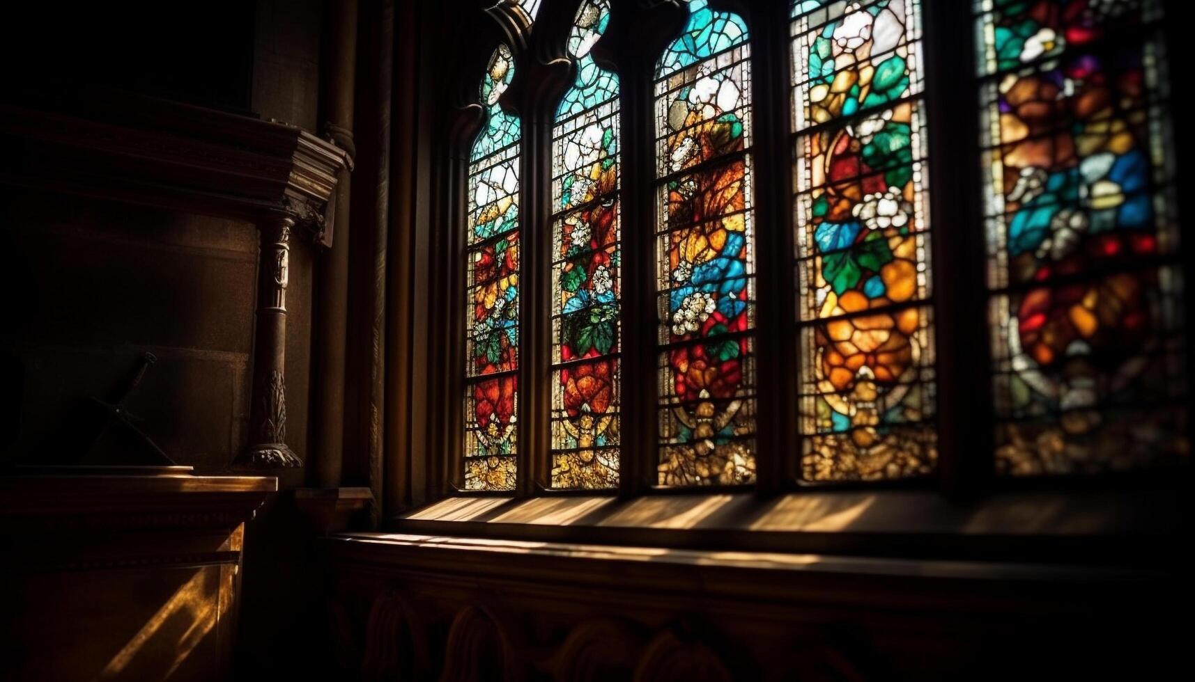 mittelalterlich gotisch die Architektur leuchtet befleckt Glas Fenster von uralt Basilika generiert durch ai foto