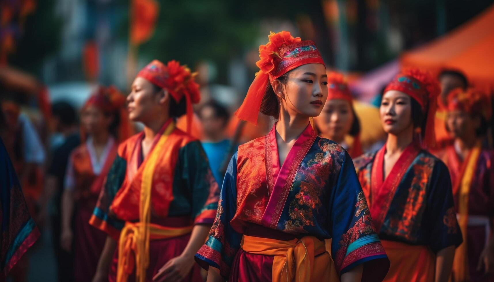 bunt traditionell Festival feiert einheimisch Kulturen mit Tanzen und Aufführungen generiert durch ai foto