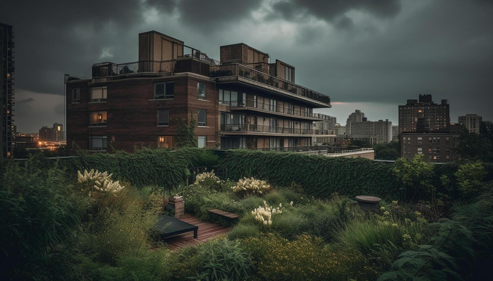 Luxus Wohnung mit Balkon mit Blick auf formal Garten und städtisch Horizont generiert durch ai foto