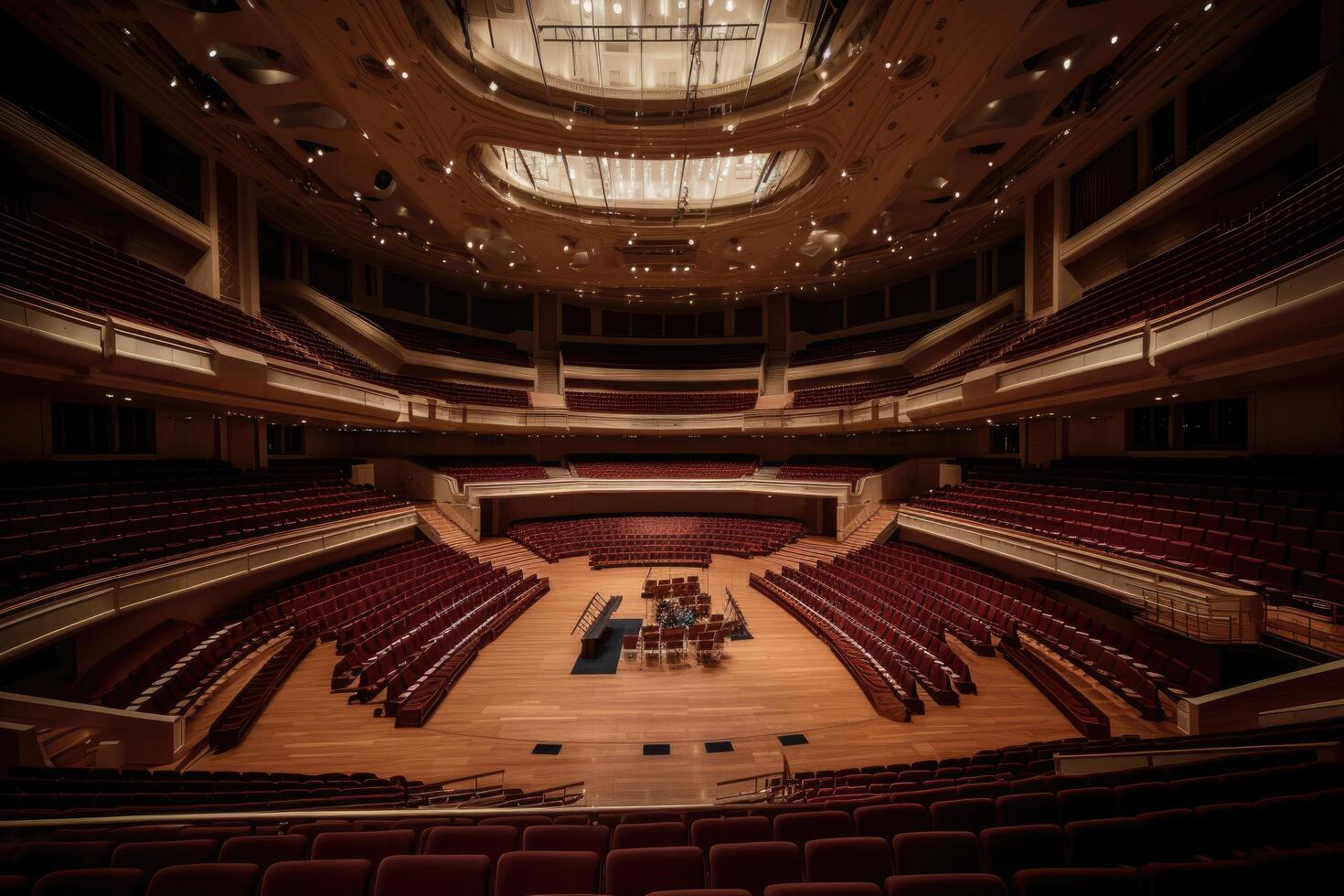 Innere von das Auditorium mit rot Sitze und ein groß Bildschirm, ein luxuriös und enorm leeren Konzert Saal, ai generiert foto