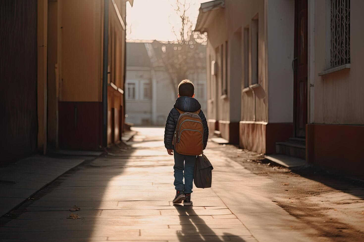 zurück Aussicht von ein Junge mit ein Rucksack Gehen auf das Straße. süß wenig primär Schule Studenten voll Rückseite Sicht, ai generiert foto