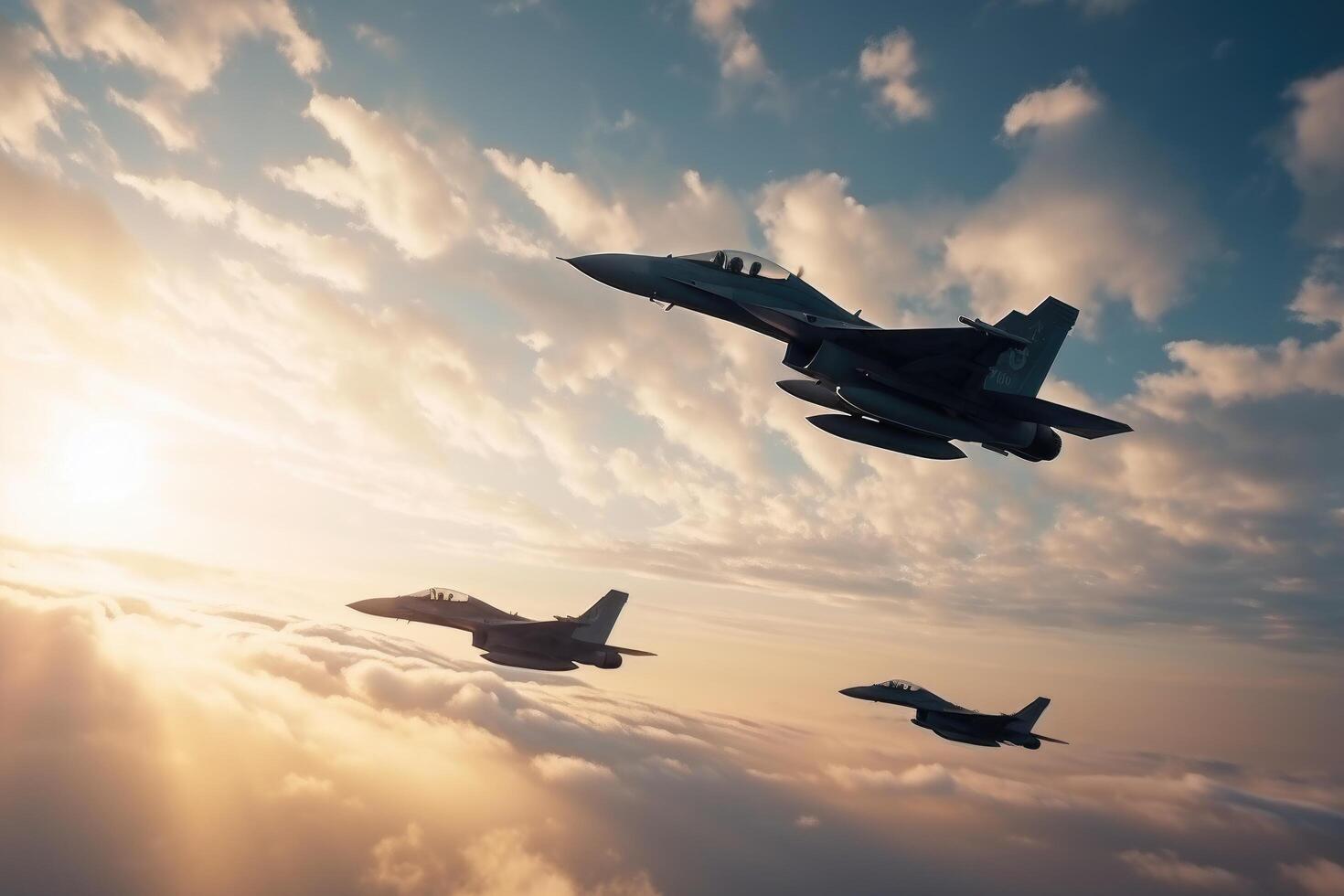 Kämpfer Jet Kämpfer fliegend im das Himmel beim Sonnenuntergang. 3d machen, Militär- Kämpfer Jets fliegend im das Himmel im ein Schlachtfeld, ai generiert foto