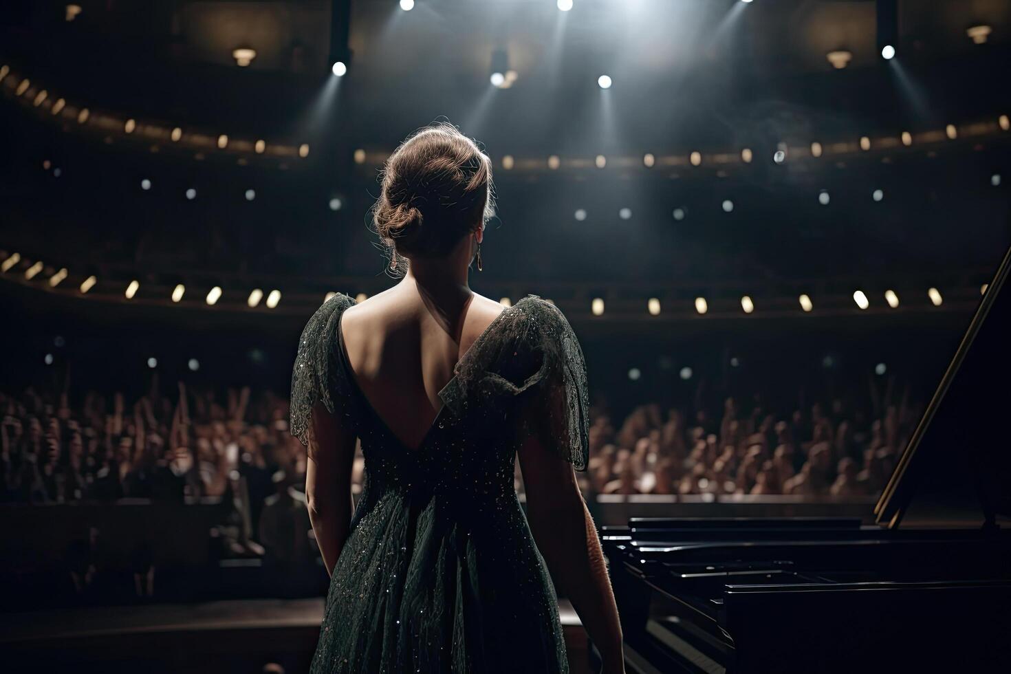 schön Mädchen im ein Grün Abend Kleid auf das Hintergrund von das Konzert Saal, ein Oper Sänger voll Rückseite Aussicht Singen im Vorderseite von groß Publikum, ai generiert foto