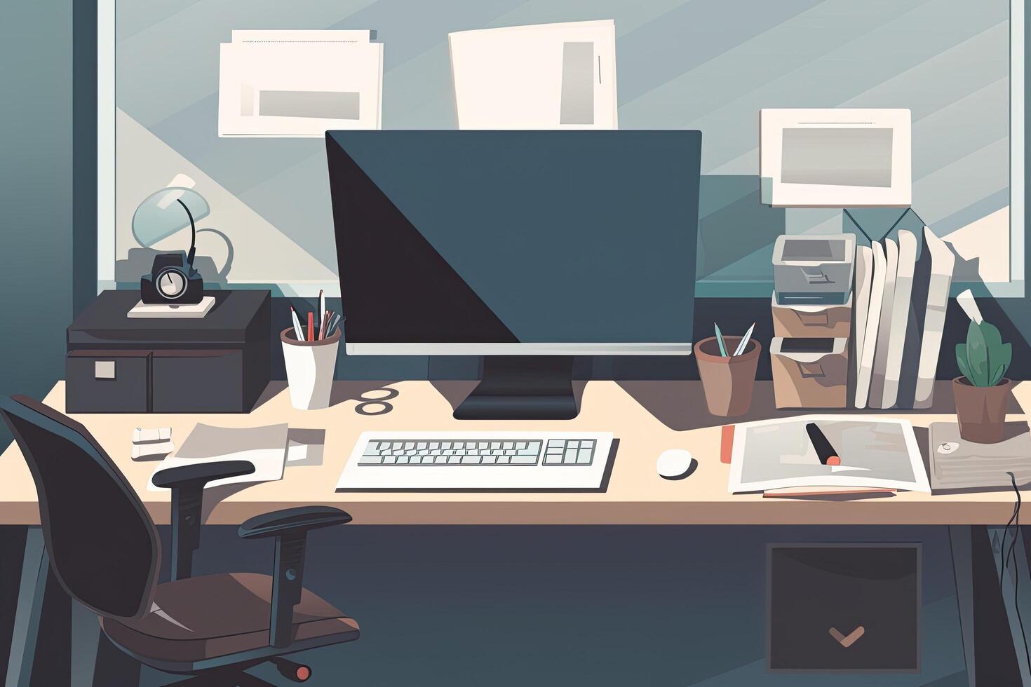 Arbeitsplatz mit Computer und Ausrüstung. Arbeitsplatz im Büro Illustration, dekoriert Büro Schreibtisch mit ein Computer und andere Schreibwaren, ai generiert foto