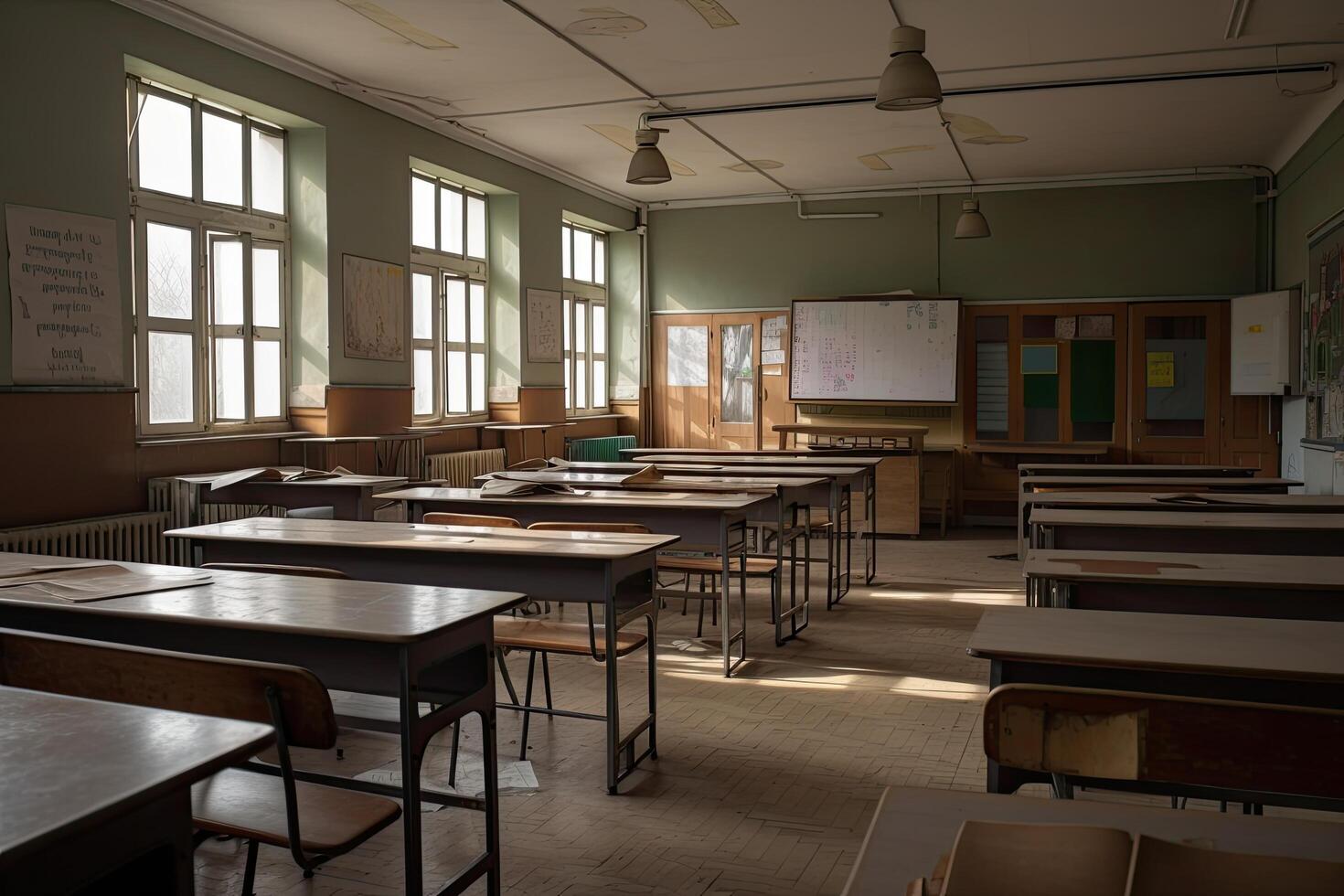 Klassenzimmer im das alt Schule von das Stadt von Odessa, Ukraine, dekoriert Innere von ein leeren Schule Klasse, ai generiert foto