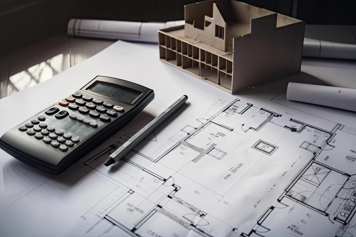 architektonisch Pläne, Taschenrechner und Haus Modell- auf Tisch. Ingenieurwesen und Techniker Zeichnungen und Designs auf Tisch, ai generiert foto