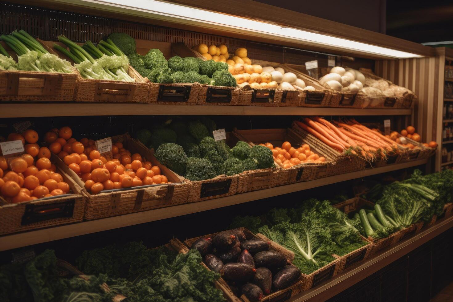 Früchte und Gemüse auf Regale im Supermarkt. Lebensmittelgeschäft speichern. Lebensmittelgeschäft und Gemüse Regale im das Supermarkt, ai generiert foto