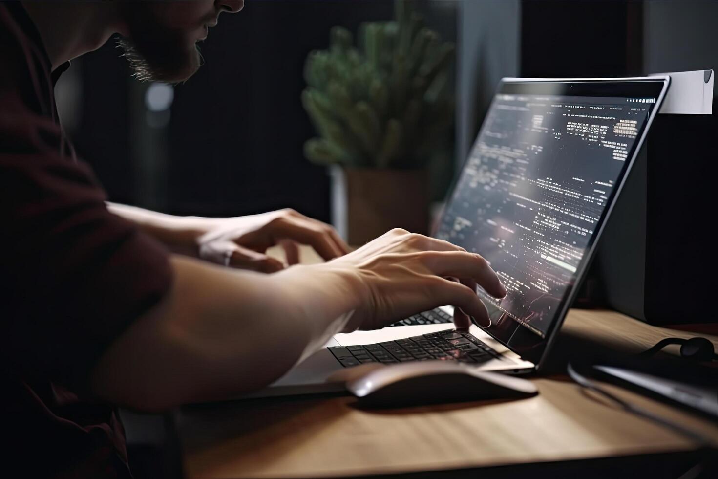 Programmierer Arbeiten auf Laptop im dunkel Büro. Programmierer Tippen Code auf Computer. männlich Programmierer Nahansicht Rückseite Aussicht Arbeiten auf ein Laptop, ai generiert foto