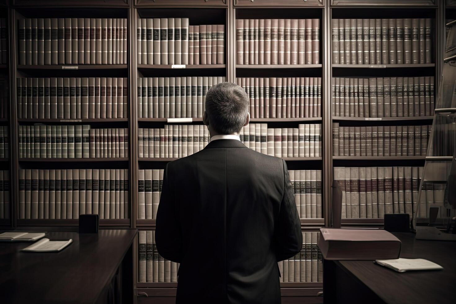 Rückseite Aussicht von ein Geschäftsmann Stehen im Vorderseite von Bücherregale, männlich Anwalt voll Rückseite Aussicht im Vorderseite von ein niedrig Buch Bibliothek, ai generiert foto