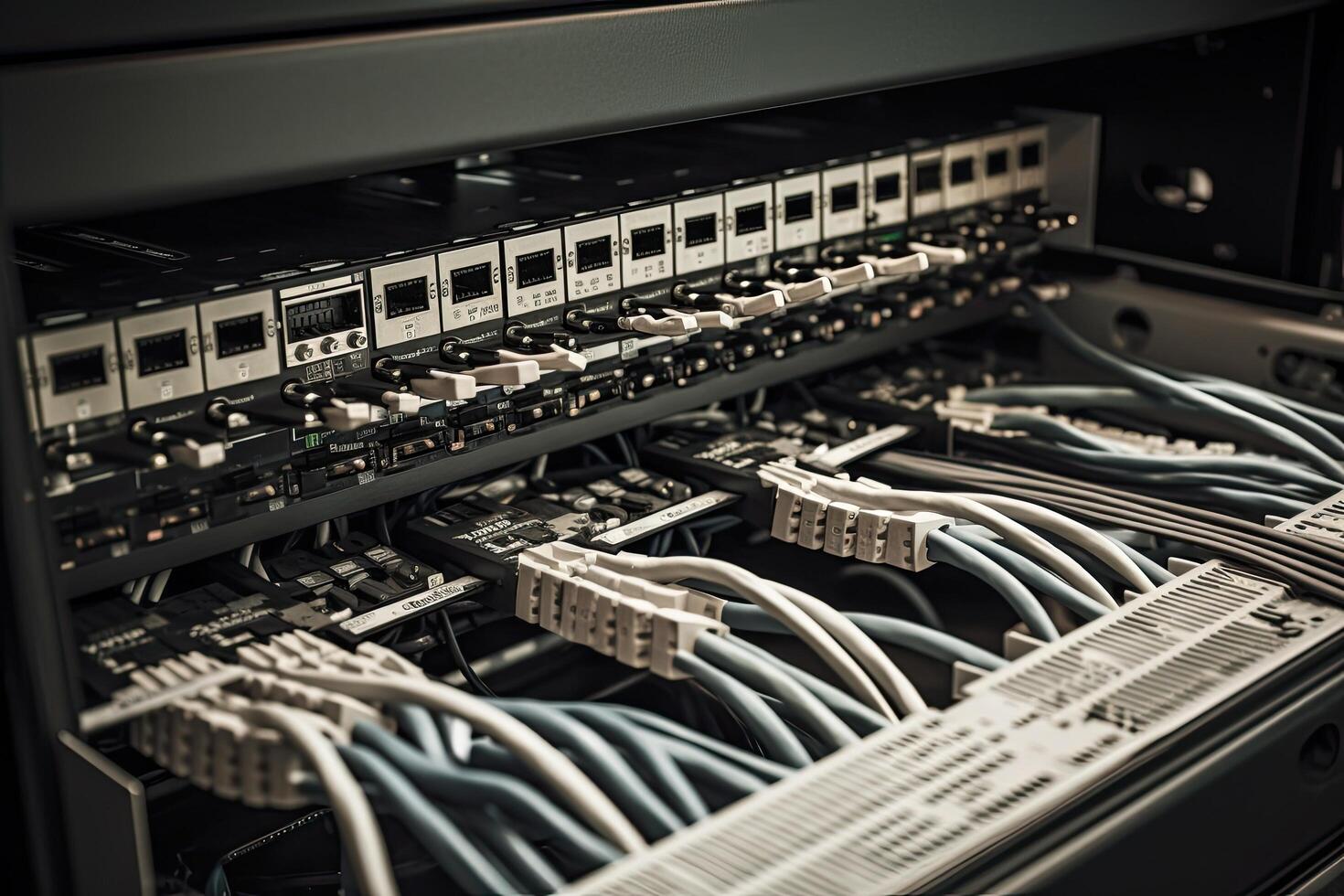 Netzwerk Schalter und Ethernet Kabel im Daten Center. selektiv Fokus, Netzwerk Kabel in Verbindung gebracht im das Netzwerk schalten, ai generiert foto