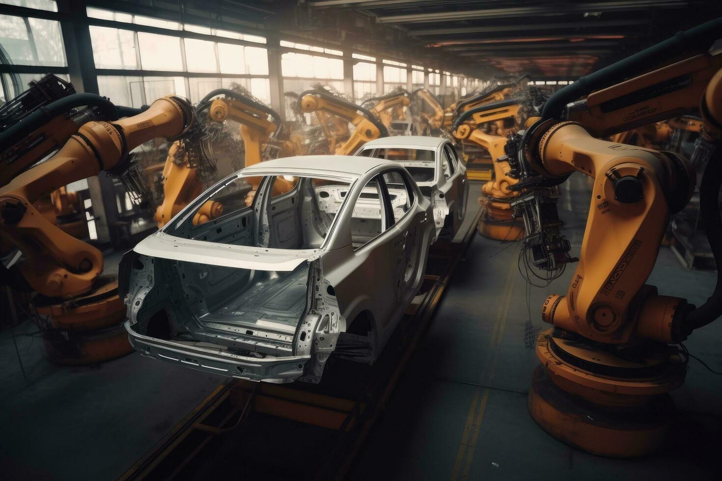 Produktion Linie von Fabrik Produktion von Passagier Autos, Roboter und automatisiert Maschinen zum das Herstellung von Passagier Autos. Automobil Industrie, Roboter Waffen Herstellung Autos, ai generiert foto