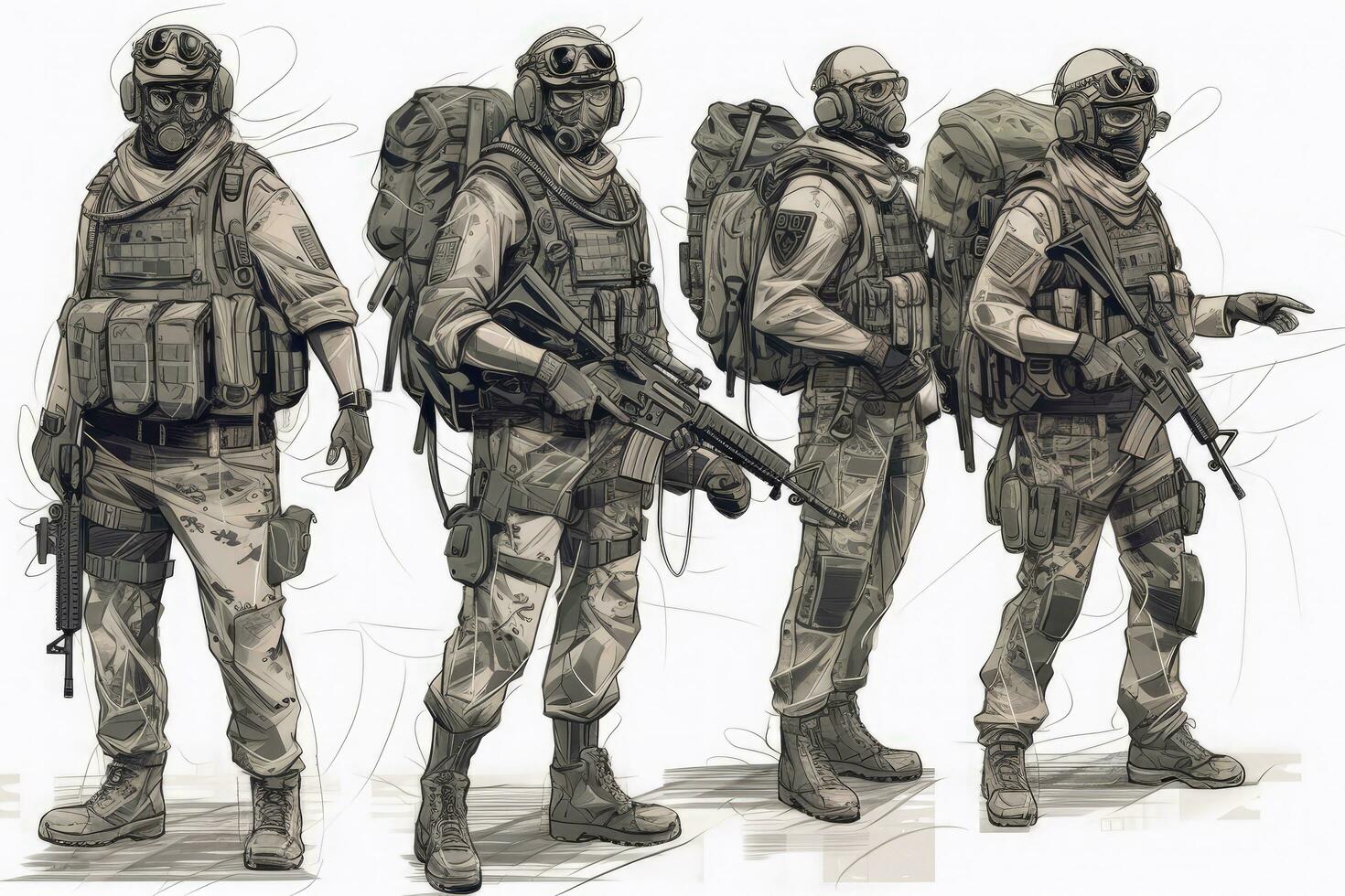 Soldaten im voll Gang. Illustration von Soldaten im voll Gang. Besondere Kräfte Militär- Einheit im voll taktisch Gang, ai generiert foto
