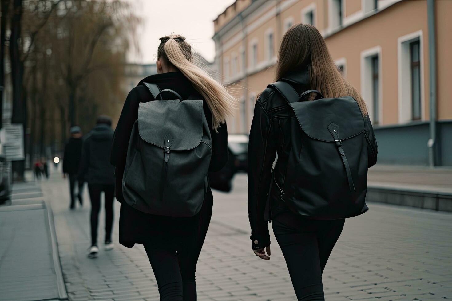 zurück Aussicht von zwei jung Frauen mit Rucksäcke Gehen auf das Straße, Universität Studenten mit Laptop Taschen auf ihr zurück, ai generiert foto