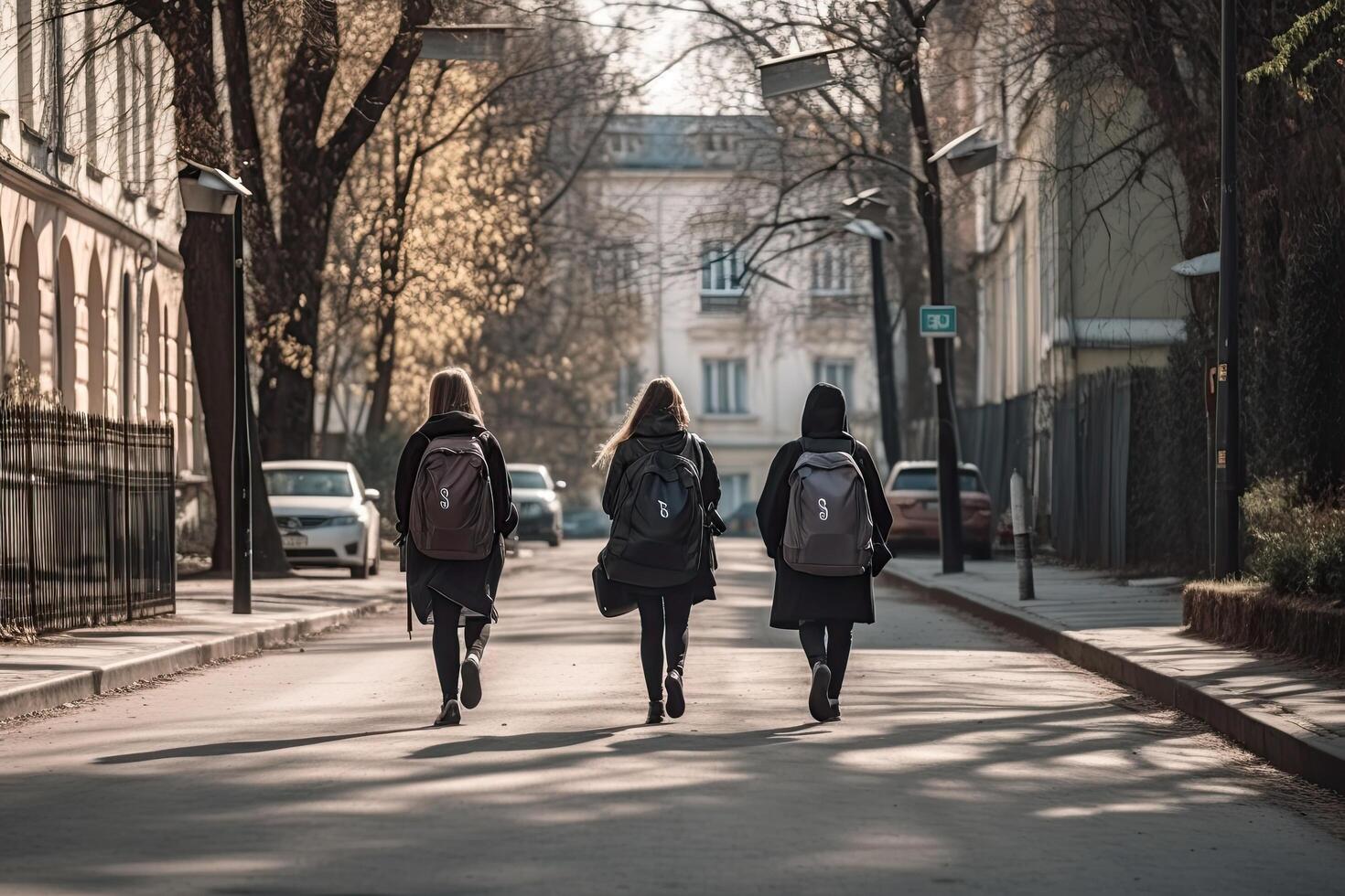 zurück Aussicht von zwei Mädchen mit Rucksäcke Gehen auf das Straße im das früh Morgen, Universität Studenten mit Laptop Taschen auf ihr zurück, ai generiert foto