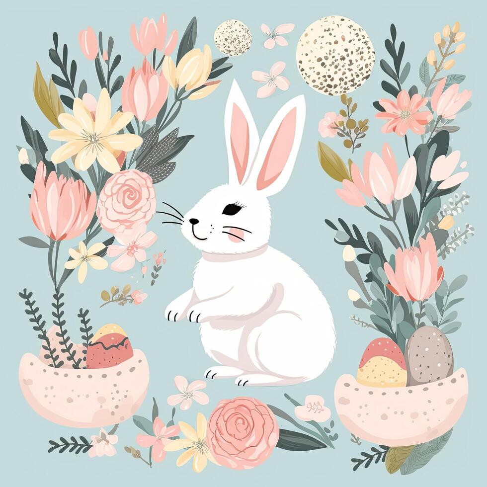 Ostern Gruß Karte mit süß Hase, Eier, Blumen und Blumen- Elemente. Illustration. Blumen- Ostern Hase Clip Art, ai generiert foto