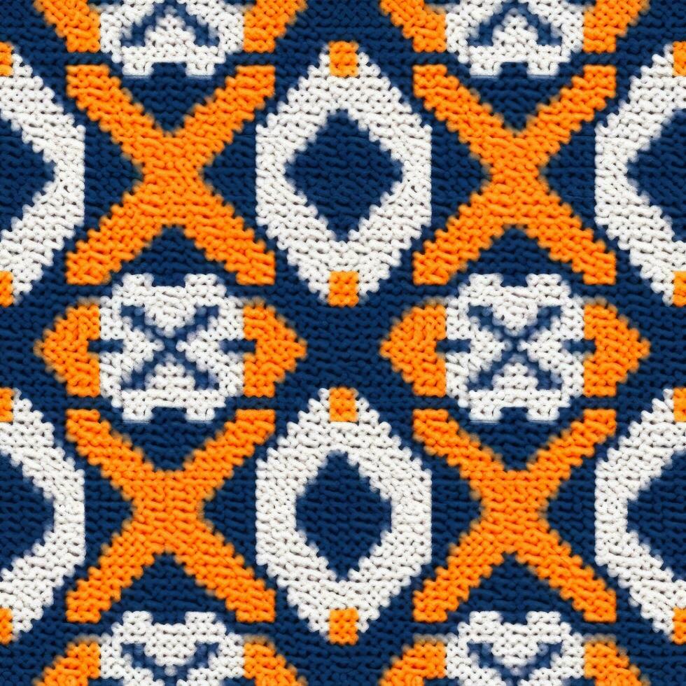 Stoff gestrickt nahtlos Muster mit geometrisch gestalten Flecken. hell Farben Hintergrund zum Strickwaren Design oder drucken, modern Streifen Matte, generativ ai Illustration foto