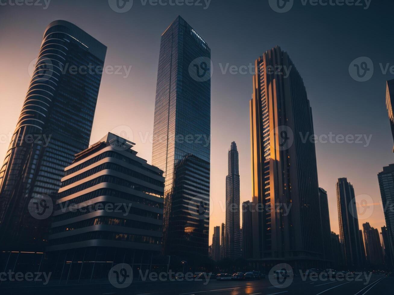 Wolkenkratzer im das Stadt beim Sonnenuntergang. ai generiert foto