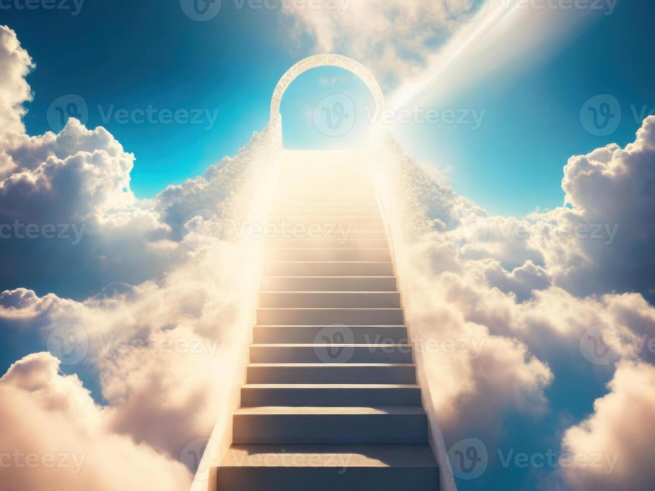 Treppe zu Himmel. Treppe führen oben zu paradiesisch Himmel zu das Licht. ai generiert foto