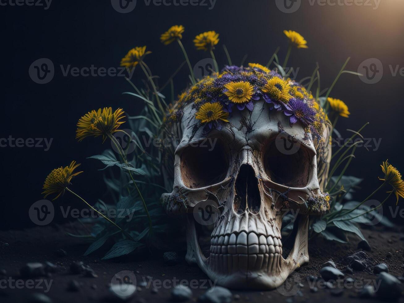 Mensch Schädel voll Blumen. Halloween. ai generiert foto