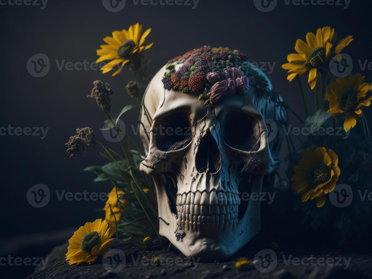 Mensch Schädel voll Blumen. Halloween. ai generiert foto