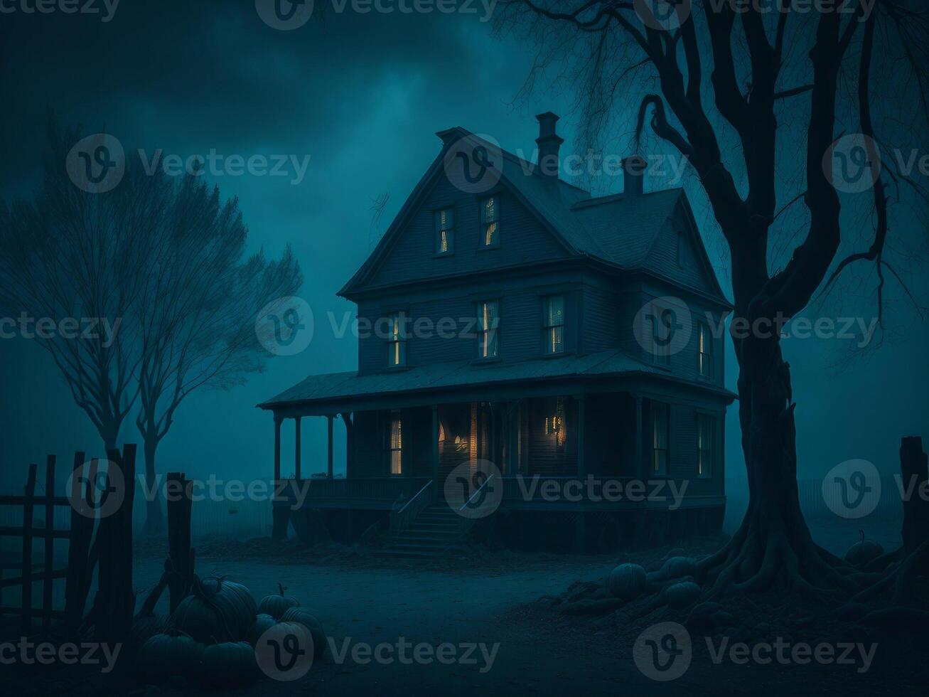 schwarz alt gruselig Haus beim nebelig Nacht. Halloween Hintergrund. ai generiert foto