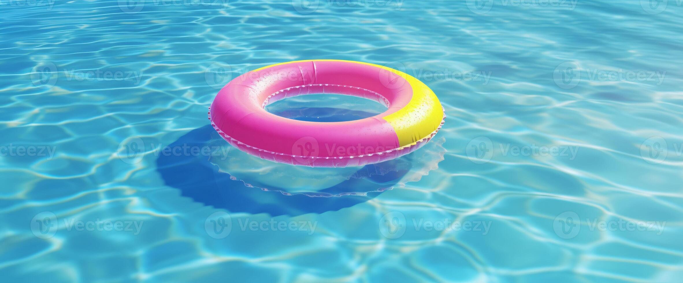 Rosa Schwimmen Schwimmbad Ring schweben auf Blau Wasser. Sommer- Hintergrund. generativ ai foto